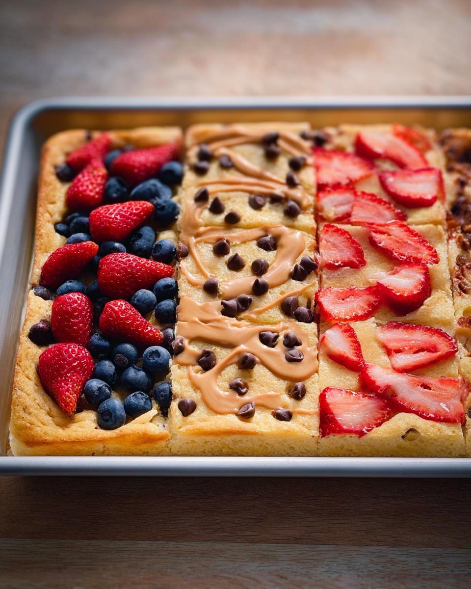 Close-up of a sheet pan of pancakes cut into squares, topped with blueberries, strawberries, and peanut butter drizzle with chocolate chips.
