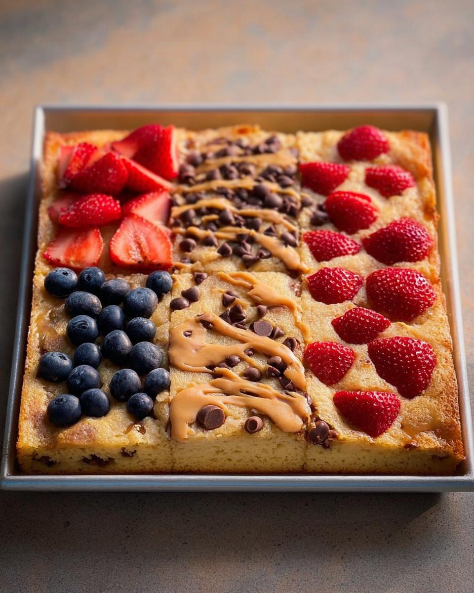 A sheet pan of breakfast pancakes divided into sections with strawberries, blueberries, and chocolate chips.