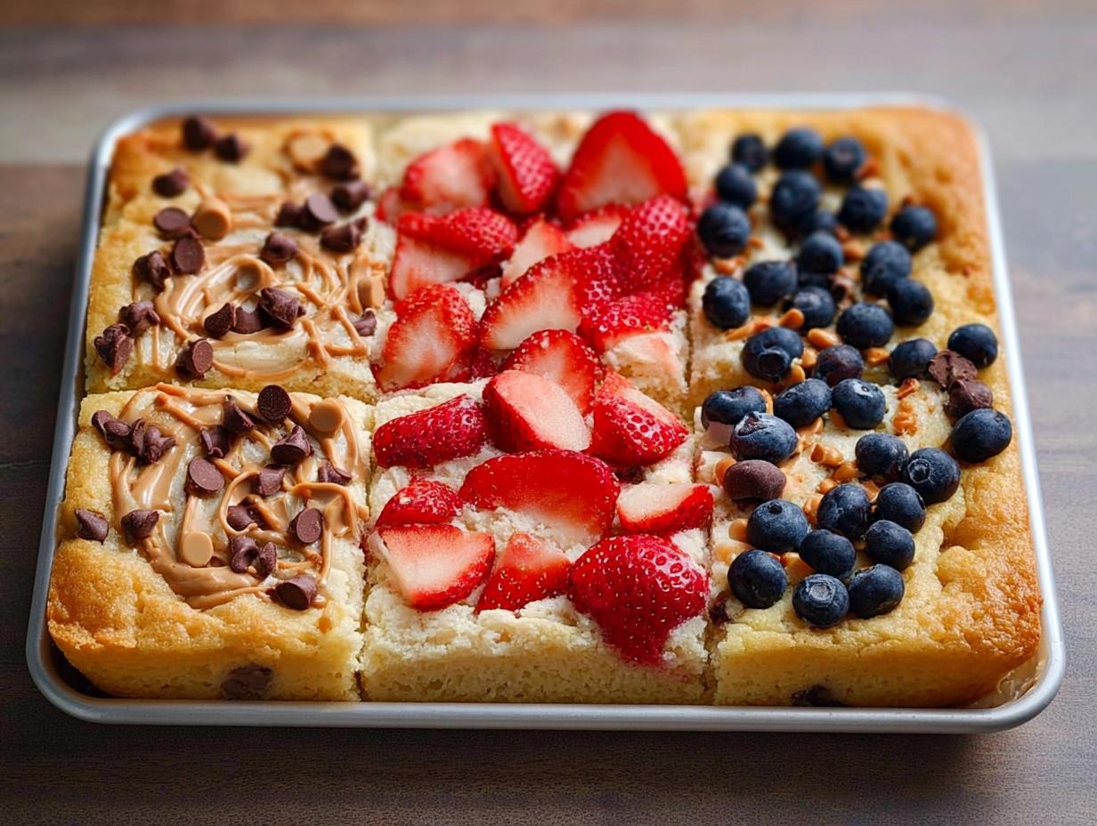 A sheet pan divided into three sections, topped with peanut butter, chocolate chips, strawberries, and blueberries for 10-Ingredient Breakfast Ideas.