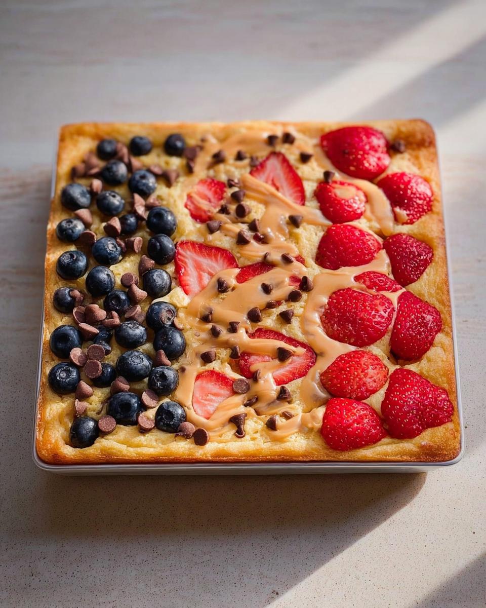 A square sheet pan pancake topped with blueberries, strawberries, chocolate chips, and a drizzle of peanut butter, showcasing one of the 10-Ingredient Breakfast Ideas.