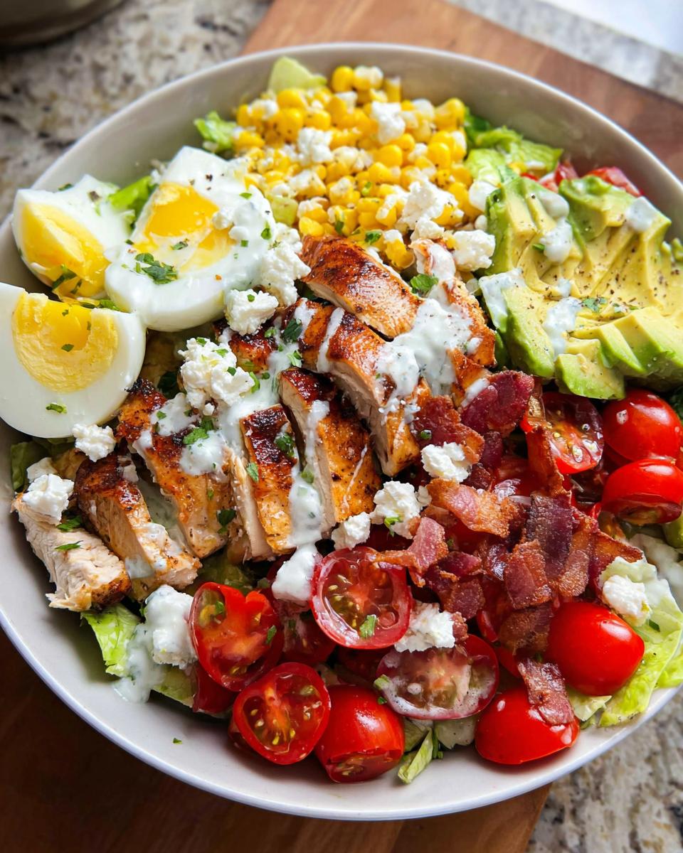 A vibrant salad featuring sliced grilled chicken, hard-boiled eggs, avocado, cherry tomatoes, corn, and bacon, drizzled with dressing. A perfect 10-ingredient chicken recipe.