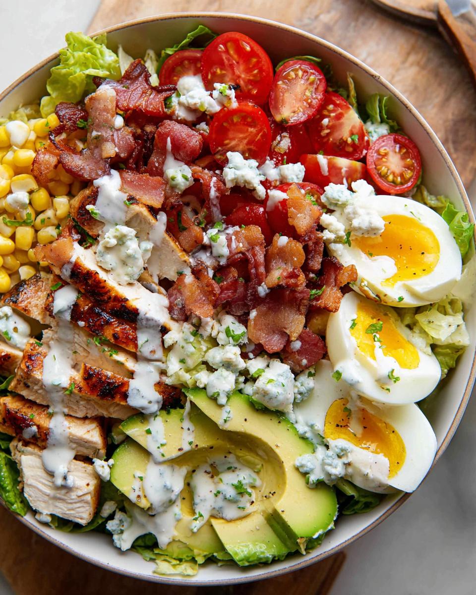 A vibrant 10-ingredient chicken salad featuring grilled chicken, avocado, bacon, hard-boiled eggs, tomatoes, and corn, drizzled with dressing.
