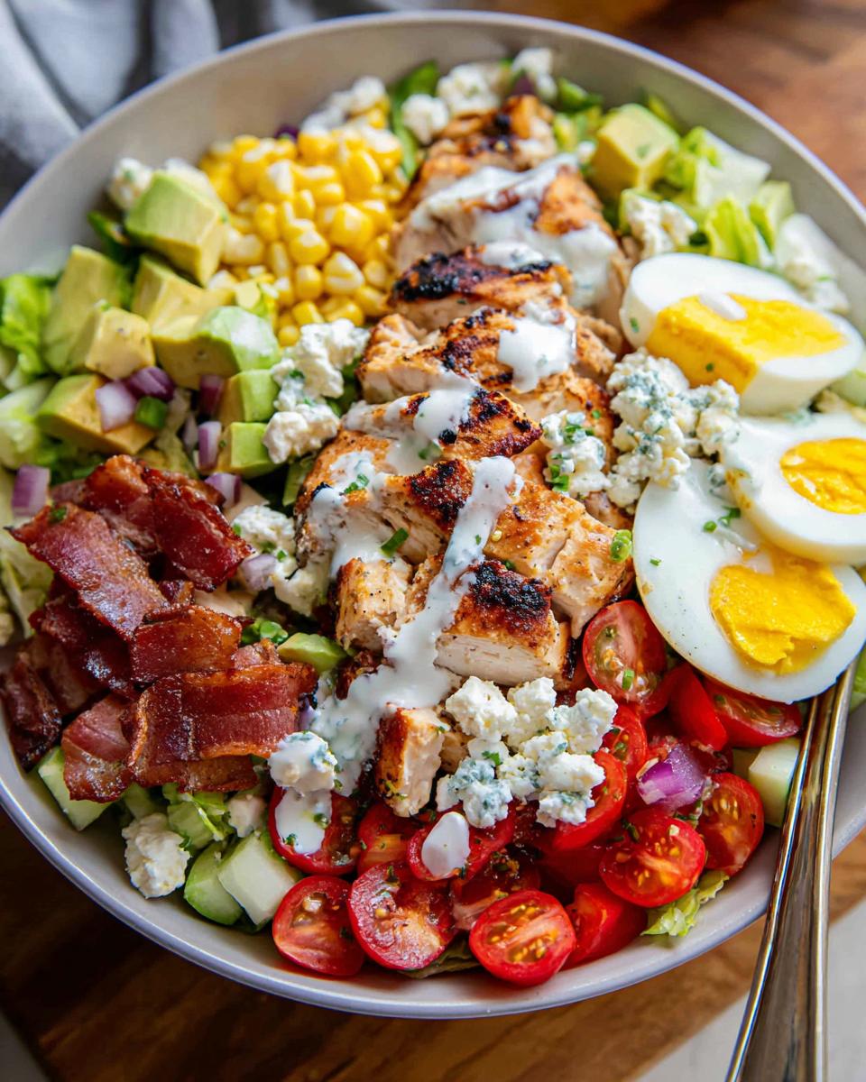 A hearty 10-ingredient chicken salad featuring grilled chicken, bacon, avocado, corn, tomatoes, hard-boiled eggs, and blue cheese.
