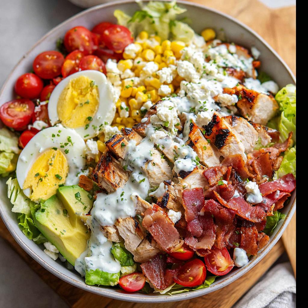 A delicious chicken salad with grilled chicken, bacon, avocado, corn, tomatoes, and hard-boiled eggs, drizzled with dressing. Part of 10-Ingredient Chicken Recipes.