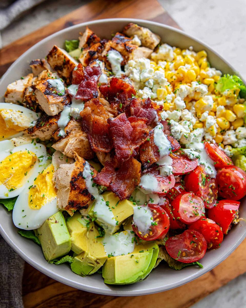 A hearty bowl of 10-ingredient chicken salad with grilled chicken, bacon, avocado, eggs, corn, and tomatoes.