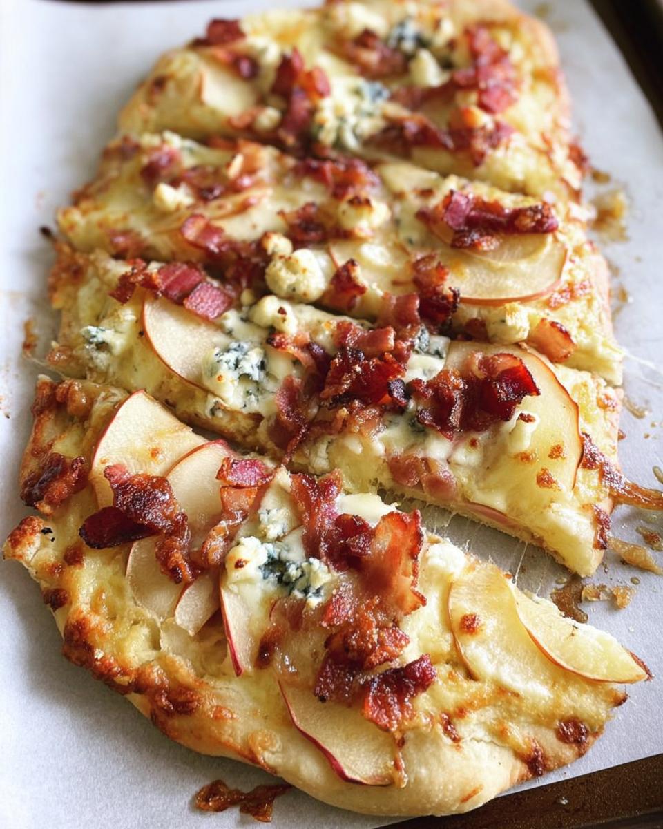 Close-up of a sliced 10-ingredient pizza with apple, bacon, and blue cheese.