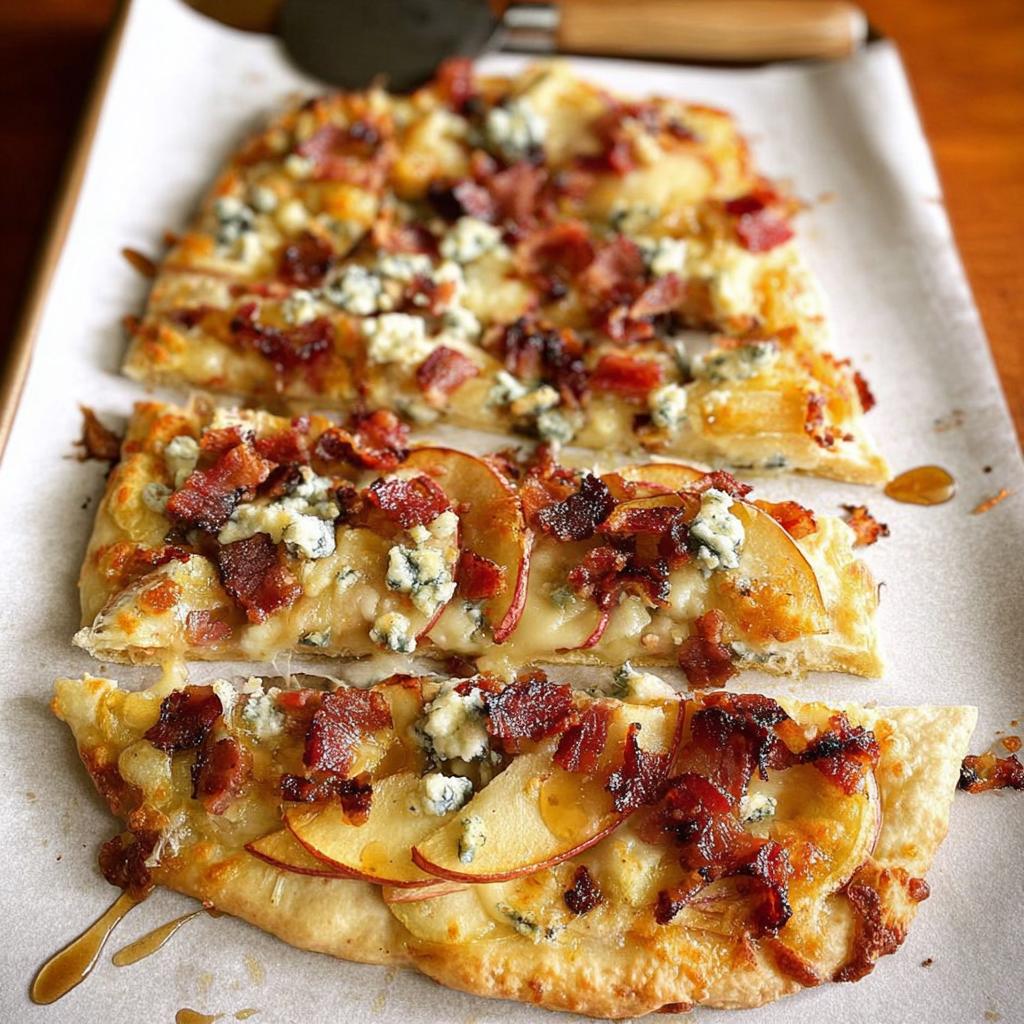 Close-up of a gourmet 10-ingredient pizza slice topped with apple, bacon, and blue cheese.