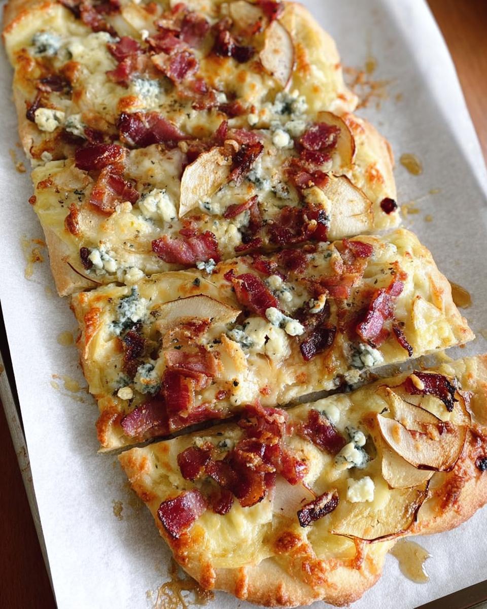 A close-up of a delicious 10-ingredient pizza night recipe: a flatbread topped with melted cheese, crispy bacon, pear slices, and blue cheese crumbles.