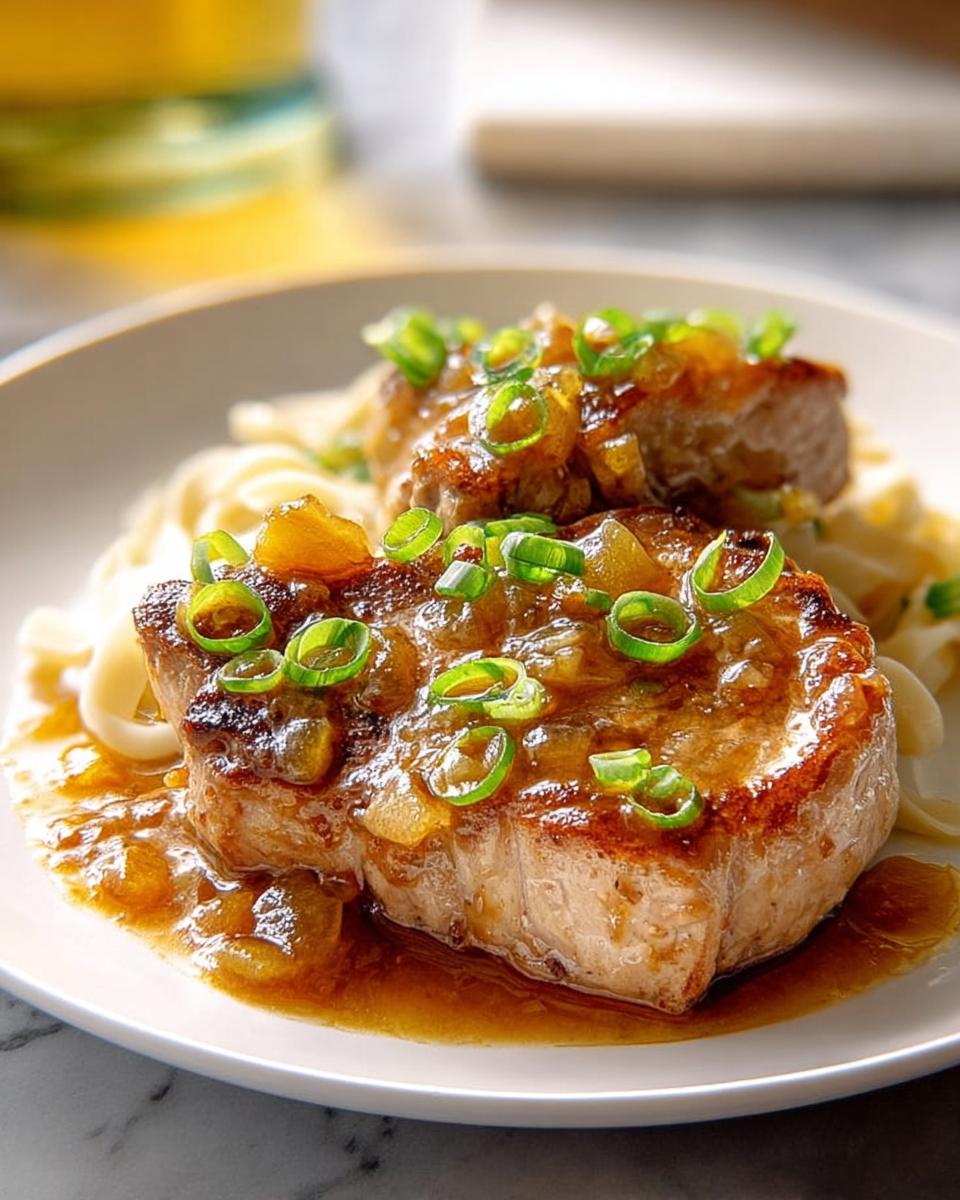Two juicy 10-ingredient pork chops served over pasta and topped with a rich glaze and chopped green onions.