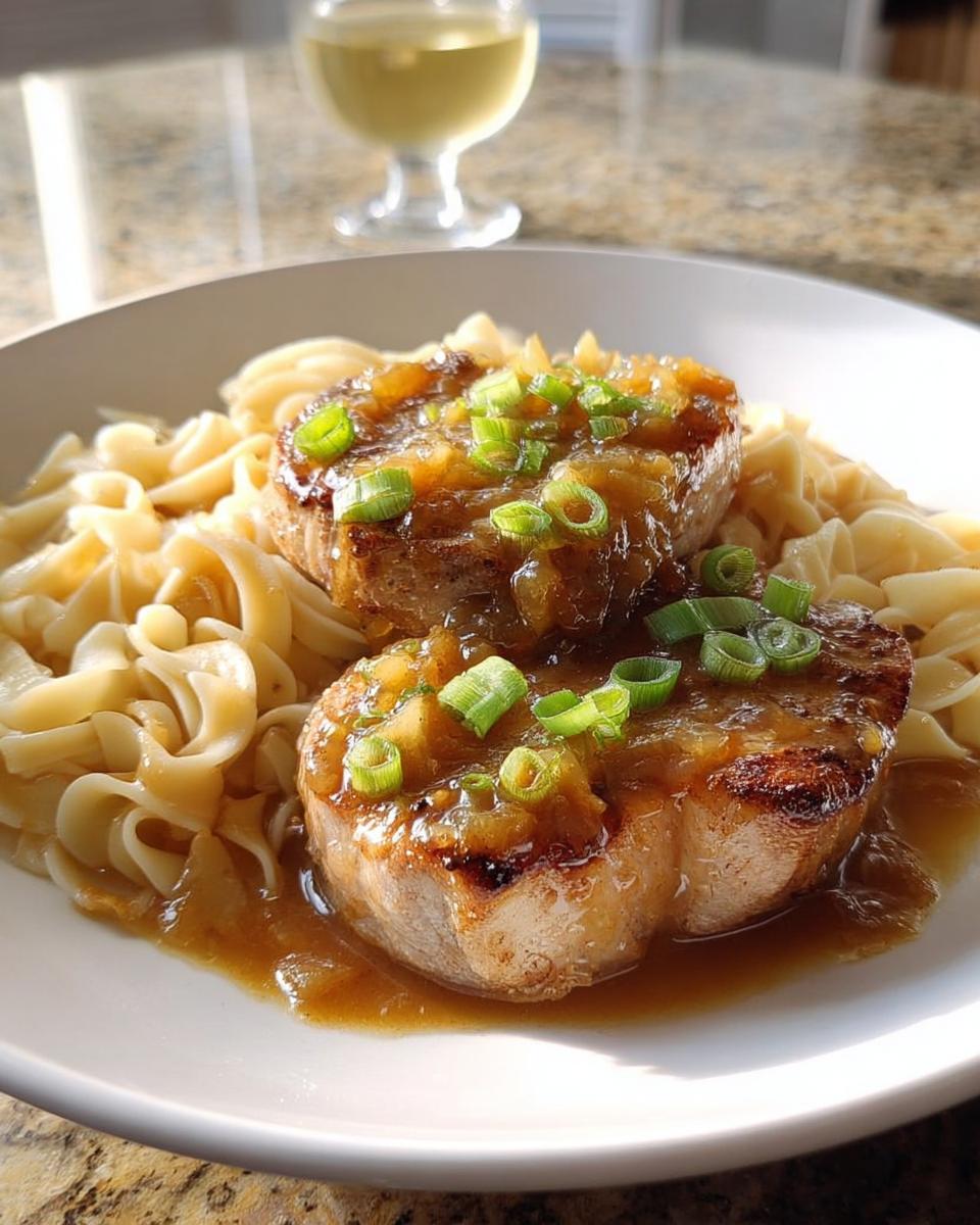 Two juicy pork chops topped with a savory sauce and green onions, served over egg noodles. A glass of white wine is in the background.
