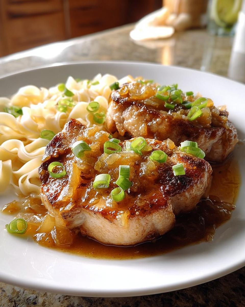 Two juicy 10-ingredient pork chops topped with caramelized onions and green onions, served with egg noodles.
