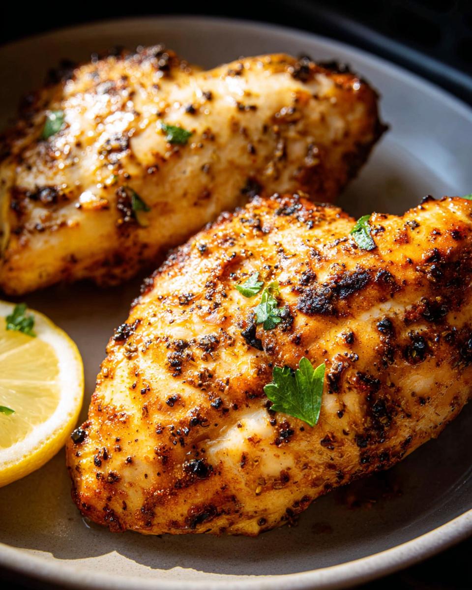 Two perfectly cooked 12-ingredient air fryer chicken breasts seasoned with herbs and spices, served with a lemon slice.