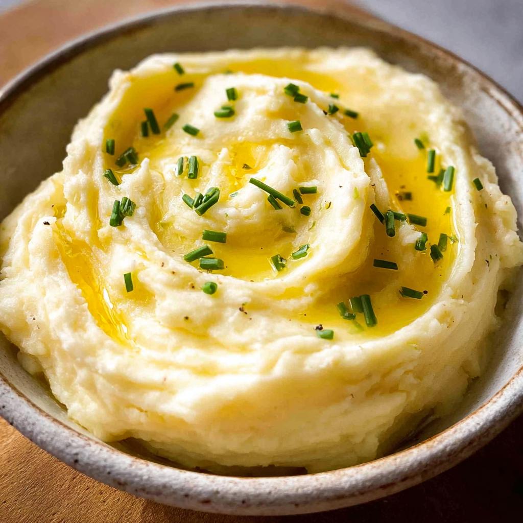 Close-up of creamy 12-ingredient mashed potatoes topped with melted butter and chives.