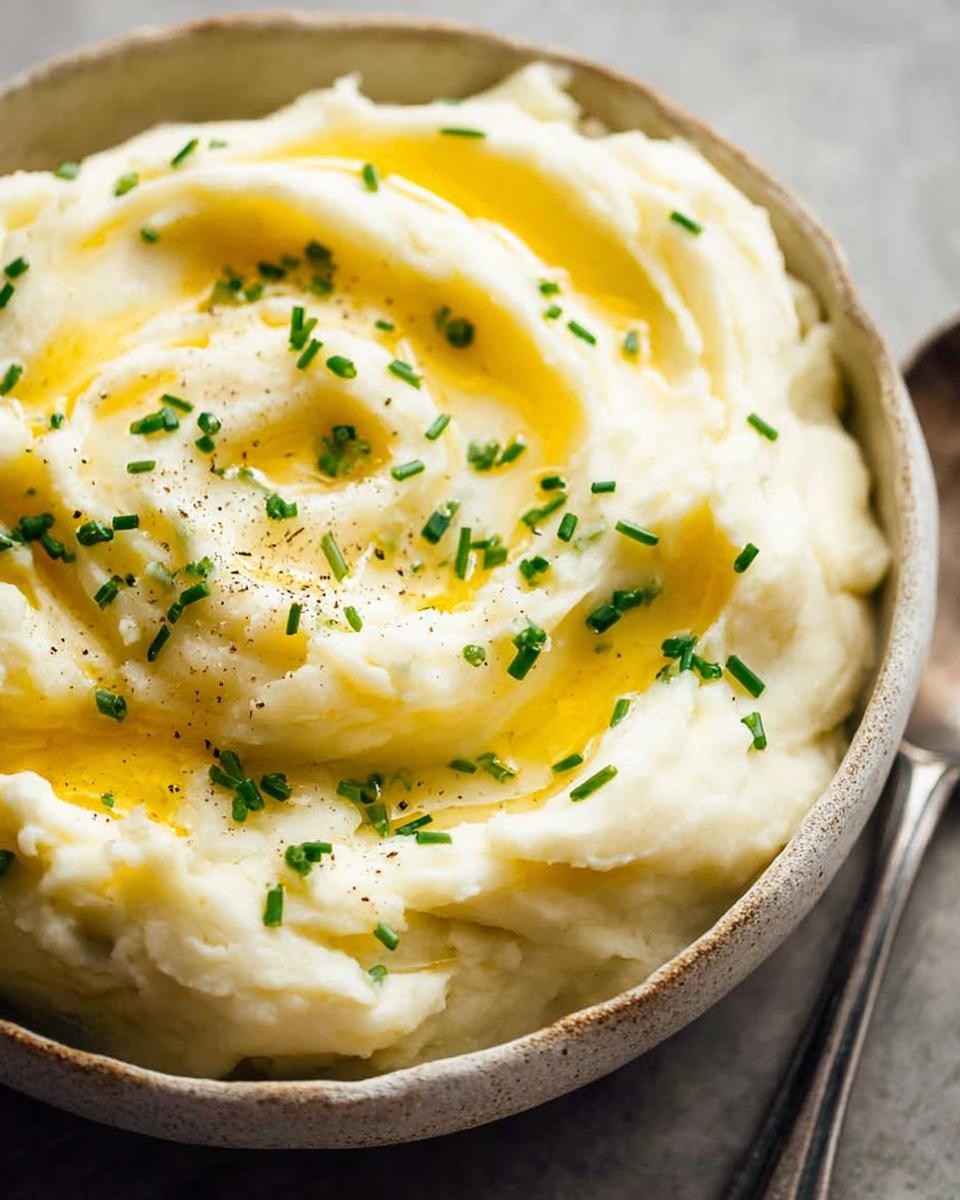Close-up of creamy 12-Ingredient Mashed Potatoes Recipe, drizzled with melted butter and sprinkled with fresh chives.