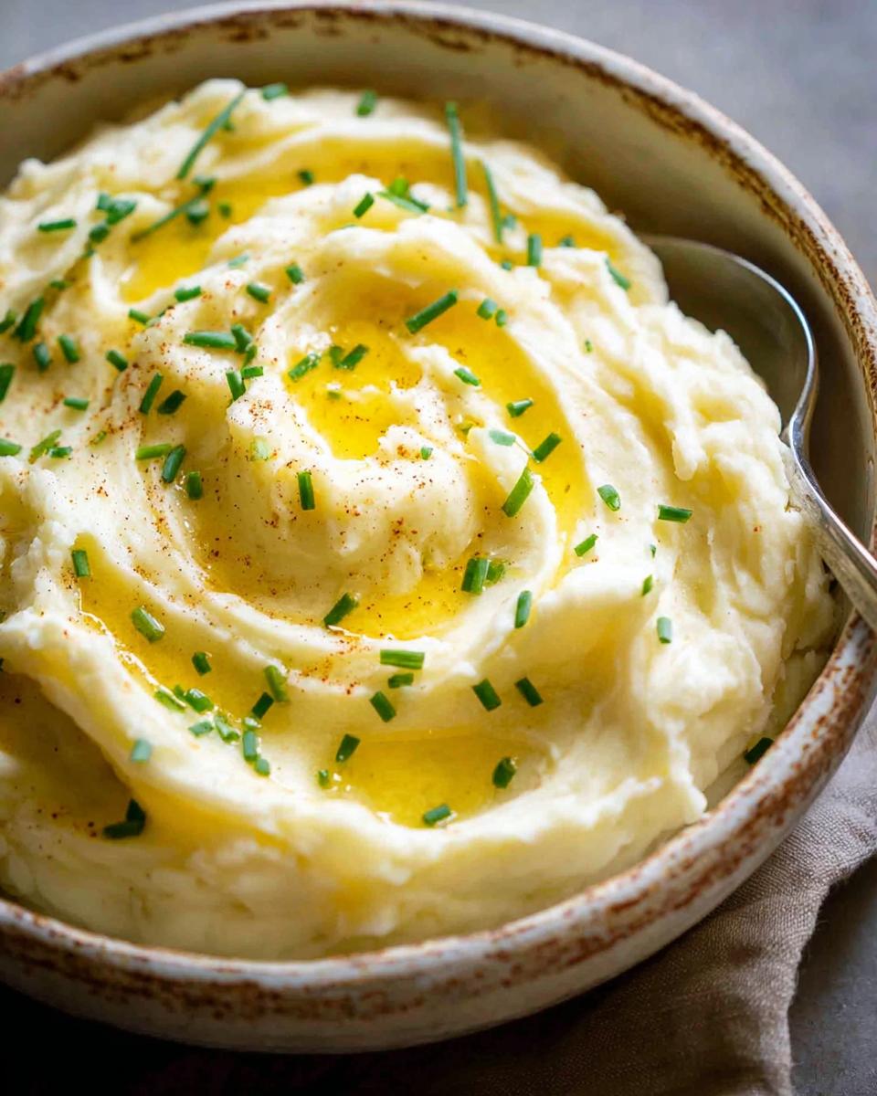 Close-up of creamy 12-ingredient mashed potatoes in a bowl, drizzled with melted butter and sprinkled with chives.