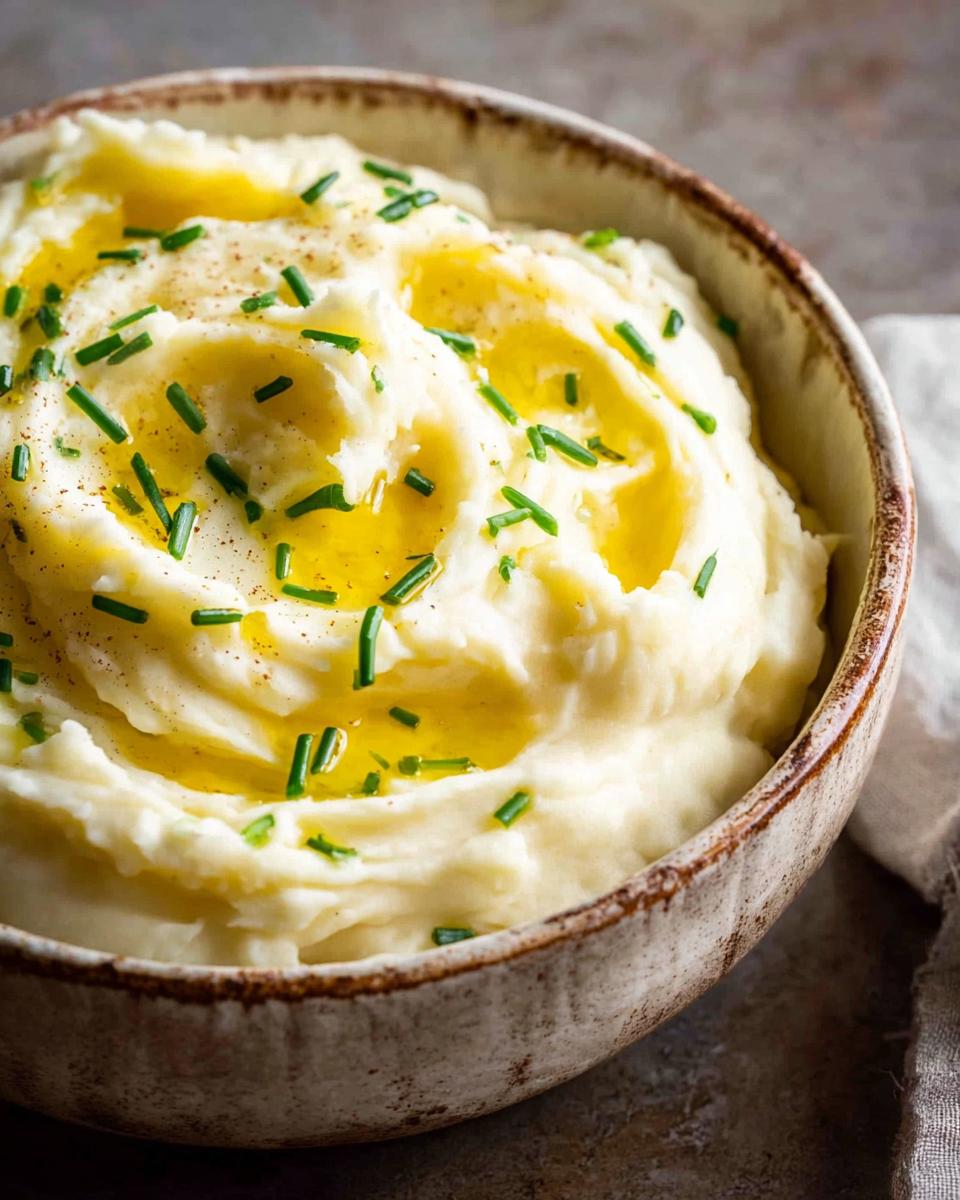Close-up of creamy 12-ingredient mashed potatoes topped with melted butter and fresh chives.