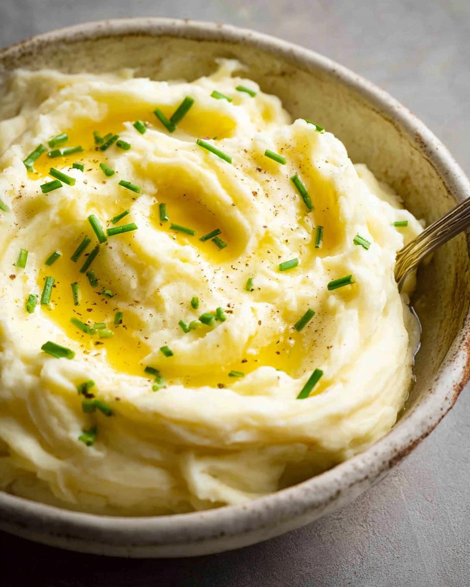 Close-up of creamy 12-Ingredient Mashed Potatoes Recipe topped with melted butter and fresh chives.