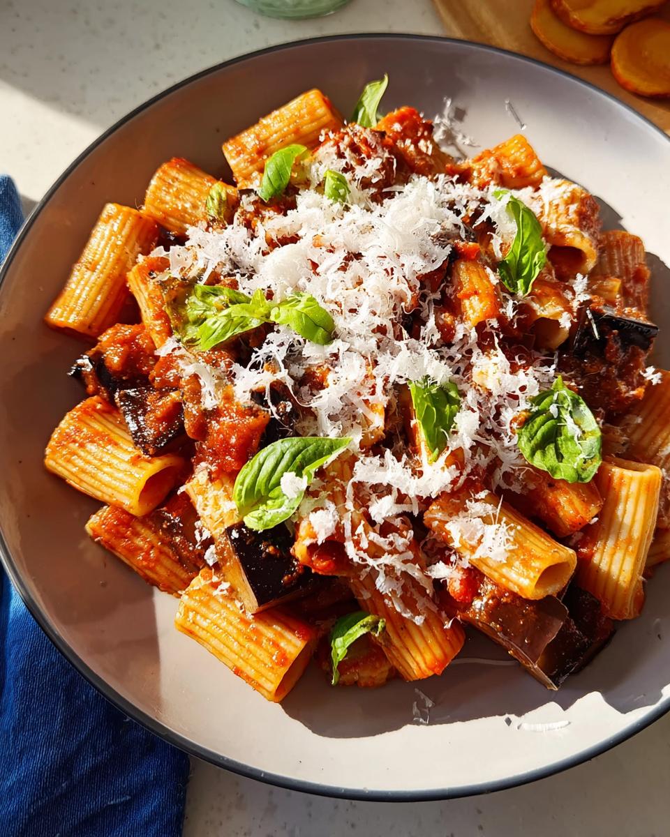 A close-up of a bowl of rigatoni pasta with a rich tomato and eggplant sauce, topped with fresh basil and grated Parmesan cheese. This is one of our 12-Ingredient Pasta Recipes.