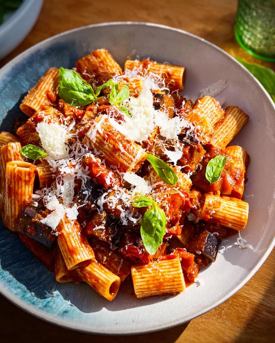 A close-up of a bowl of rigatoni pasta with a rich tomato and eggplant sauce, topped with grated cheese and fresh basil. This is one of our 12-Ingredient Pasta Recipes.