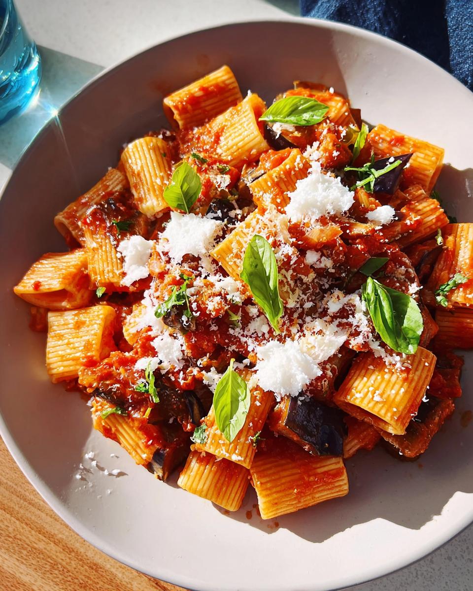 A close-up of a bowl of rigatoni pasta with a rich tomato sauce, chunks of eggplant, and fresh basil, topped with ricotta and grated cheese. This is one of our 12-Ingredient Pasta Recipes.
