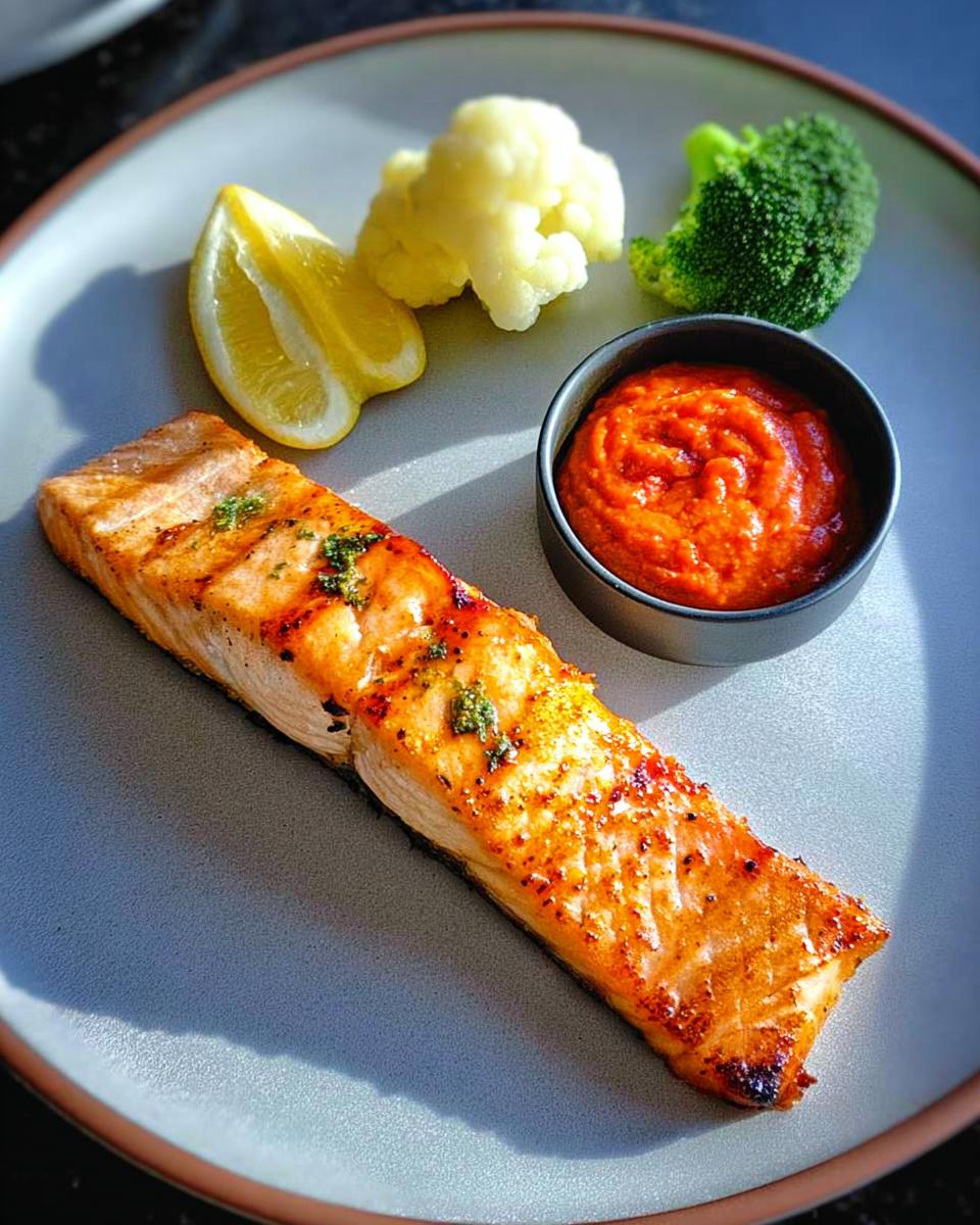 A delicious 12-ingredient salmon recipe featuring a perfectly cooked salmon fillet with lemon, broccoli, cauliflower, and a side of red sauce.