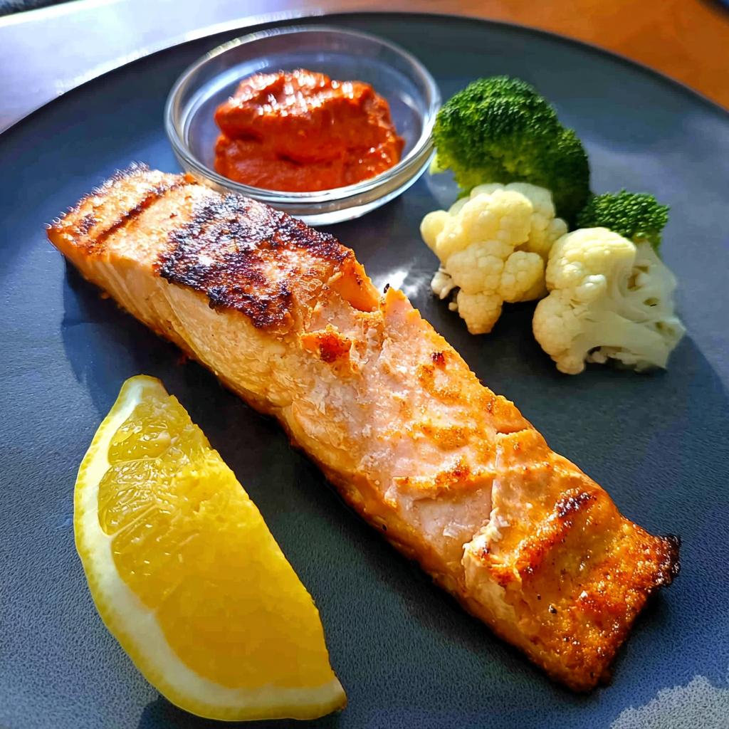 A perfectly grilled salmon fillet served with broccoli, cauliflower, a lemon wedge, and a side of red sauce.