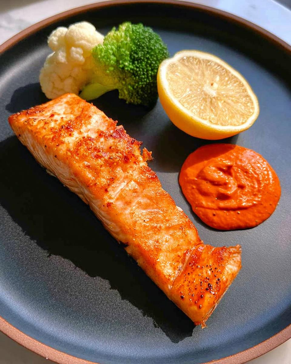 A perfectly cooked salmon fillet served with broccoli, cauliflower, lemon, and a dollop of red sauce, showcasing one of our 12-Ingredient Salmon Recipes.