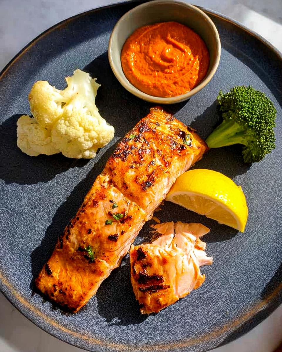 A perfectly cooked salmon fillet served with a side of roasted broccoli, cauliflower, a lemon wedge, and a vibrant red sauce.