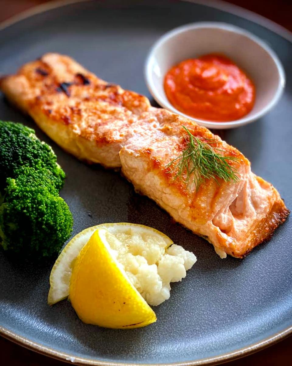 A perfectly cooked salmon fillet served with steamed broccoli, lemon, and a side of sauce, showcasing one of the 12-Ingredient Salmon Recipes.