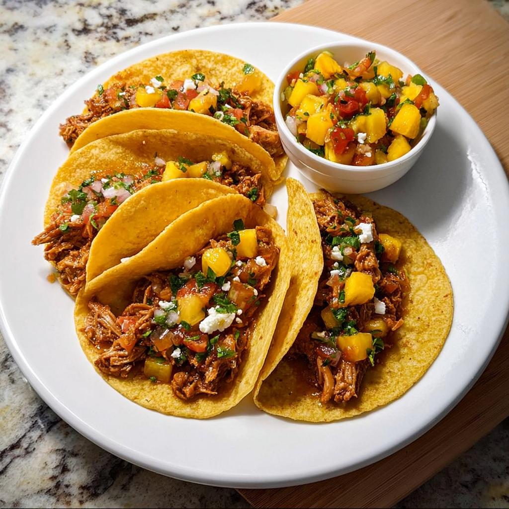 Plate of shredded meat tacos with mango salsa and crumbled cheese, perfect for Taco Tuesday.