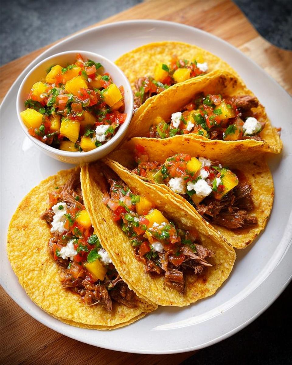 A plate of mouthwatering 12-Ingredient Taco Tuesday recipes, filled with shredded meat, mango salsa, and crumbled cheese.