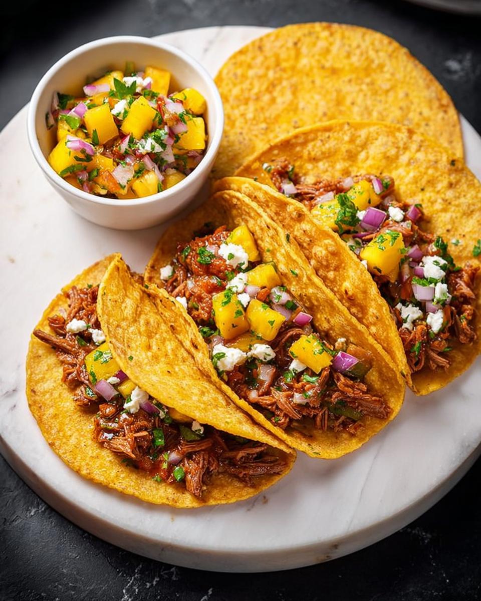 Close-up of three tacos filled with shredded meat, mango salsa, and crumbled cheese, part of 12-Ingredient Taco Tuesday Recipes.