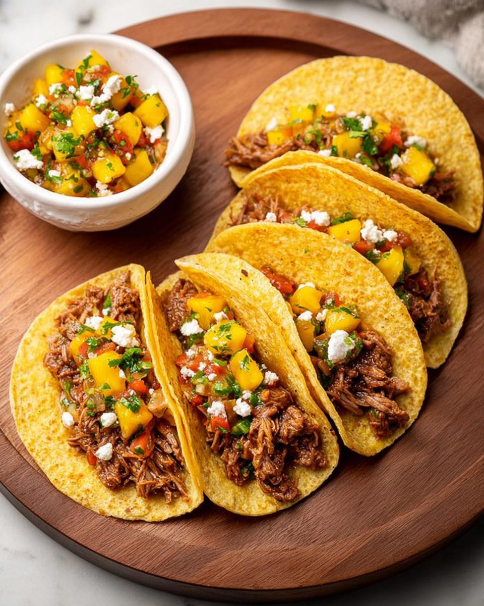 A plate of delicious tacos filled with shredded meat, mango salsa, and crumbled cheese, perfect for 12-Ingredient Taco Tuesday Recipes.