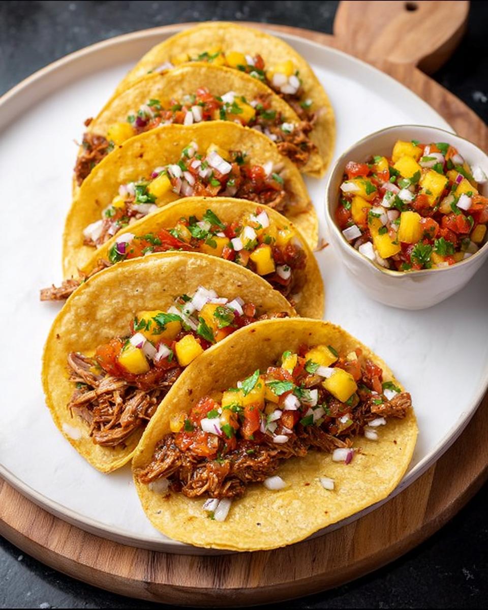 A plate of delicious 12-Ingredient Taco Tuesday recipes filled with shredded meat and topped with fresh salsa.
