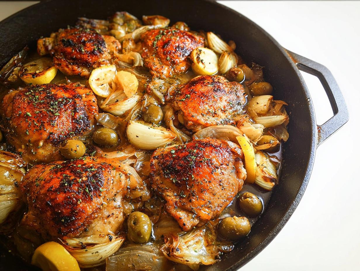A close-up of a cast-iron skillet filled with juicy, browned chicken thighs, olives, onions, and lemon slices.