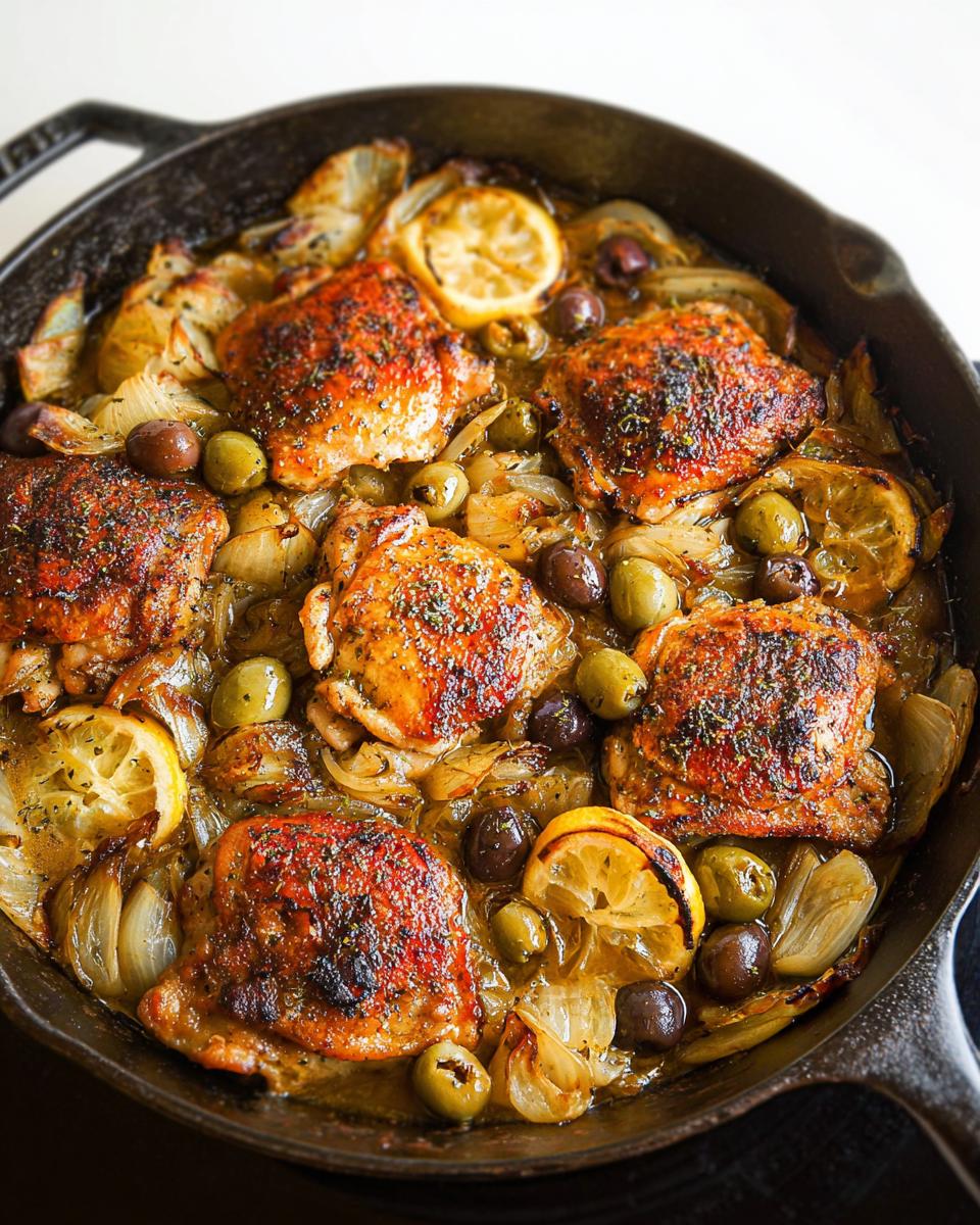 A cast iron skillet filled with 20-ingredient chicken thigh recipes, featuring golden-brown chicken thighs, olives, lemon slices, and onions.
