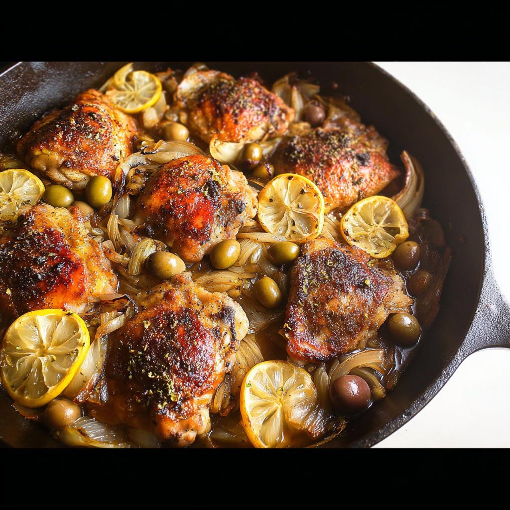 A cast iron skillet filled with 20-ingredient chicken thighs, caramelized onions, olives, and lemon slices.