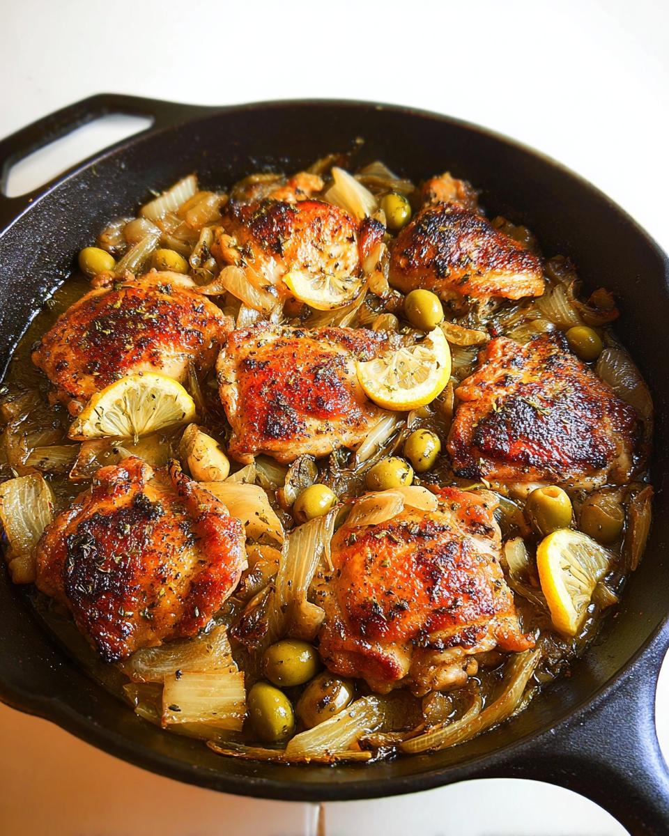 A cast iron skillet filled with 20-ingredient chicken thighs, olives, onions, and lemon slices.