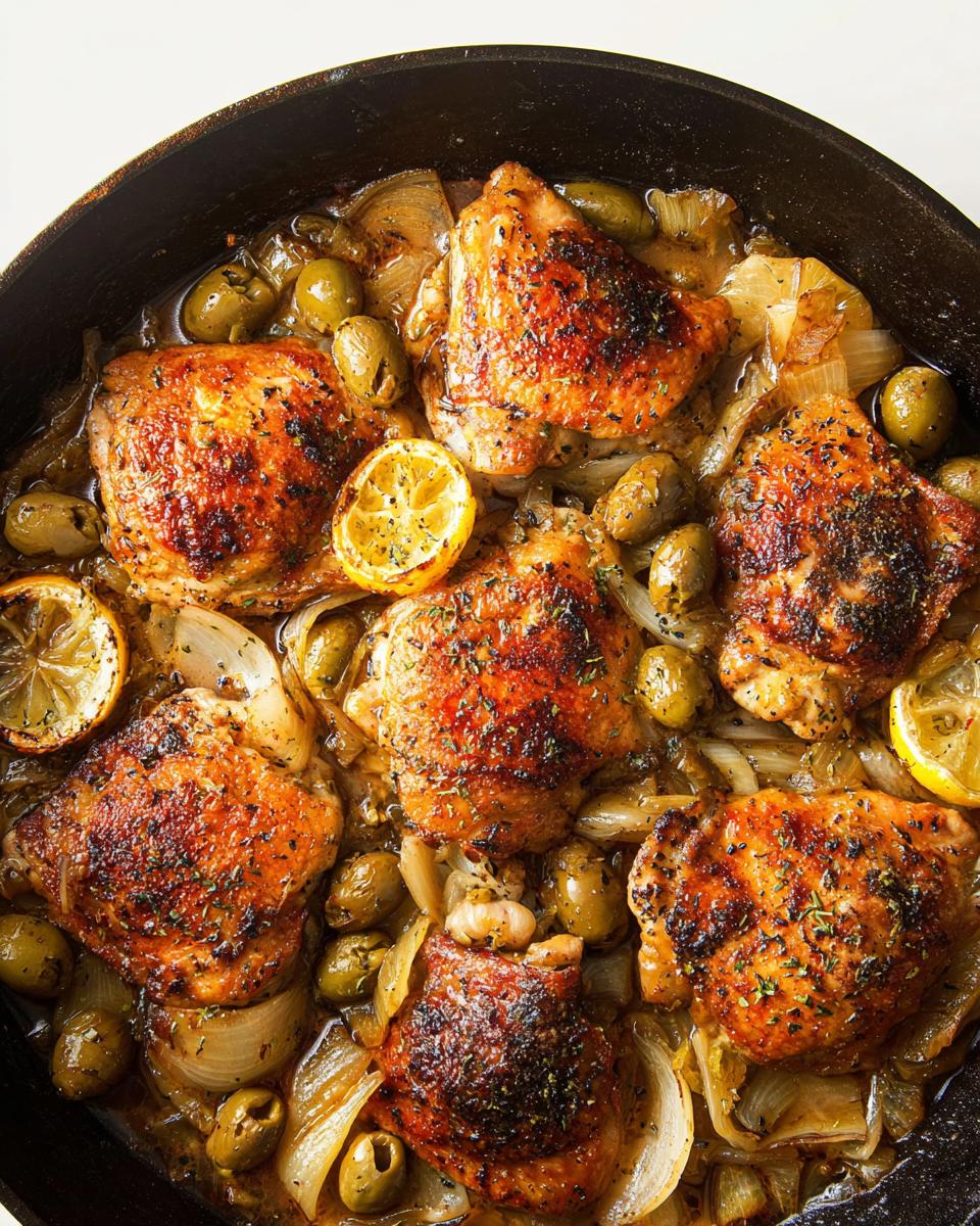 A close-up overhead view of 20-ingredient chicken thighs recipe baked with olives, onions, and lemon slices in a cast-iron skillet.