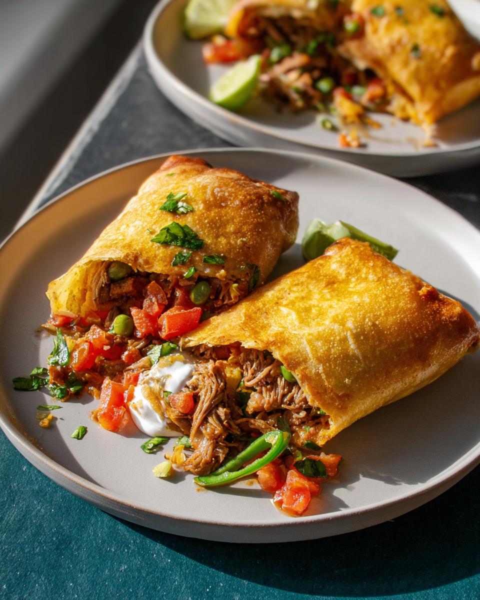 Close-up of golden-brown empanadas filled with shredded meat, tomatoes, and peas, part of 20-Ingredient Easy Dinner Recipes.