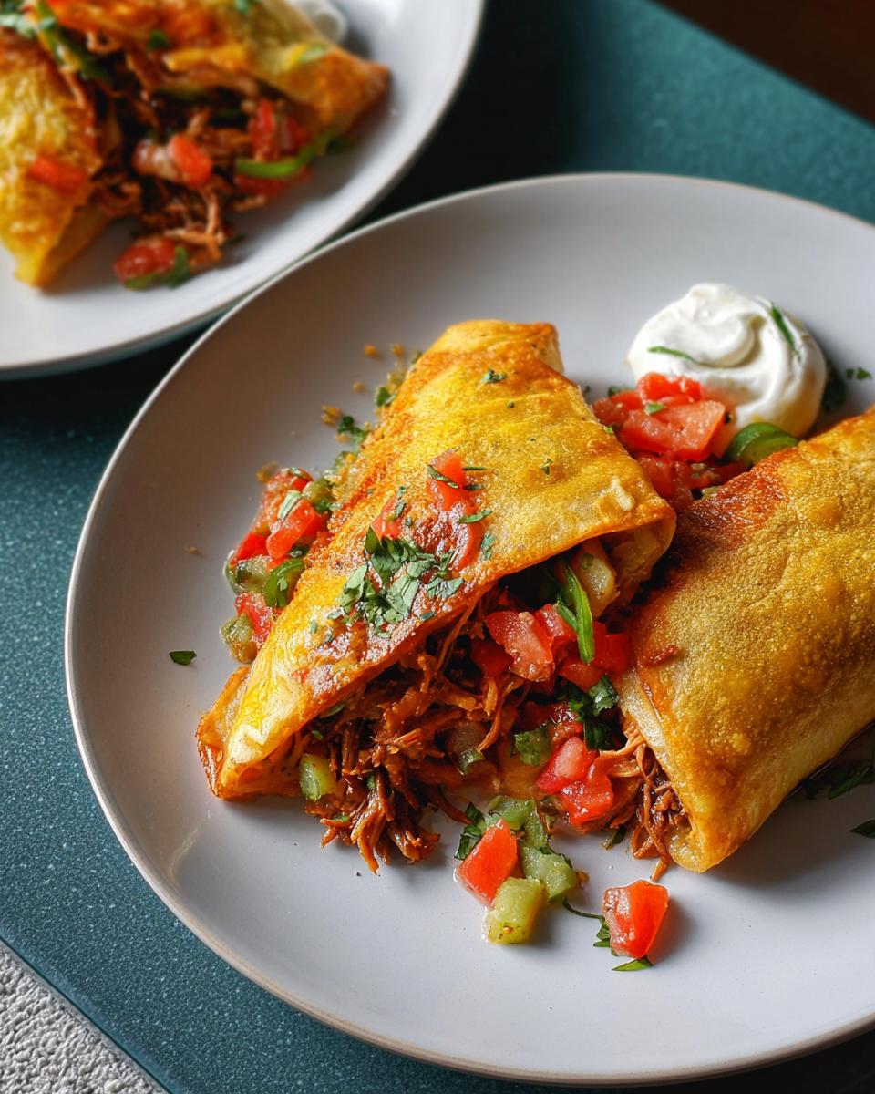 Crispy pulled pork empanadas served with pico de gallo and a dollop of sour cream, part of 20-Ingredient Easy Dinner Recipes.