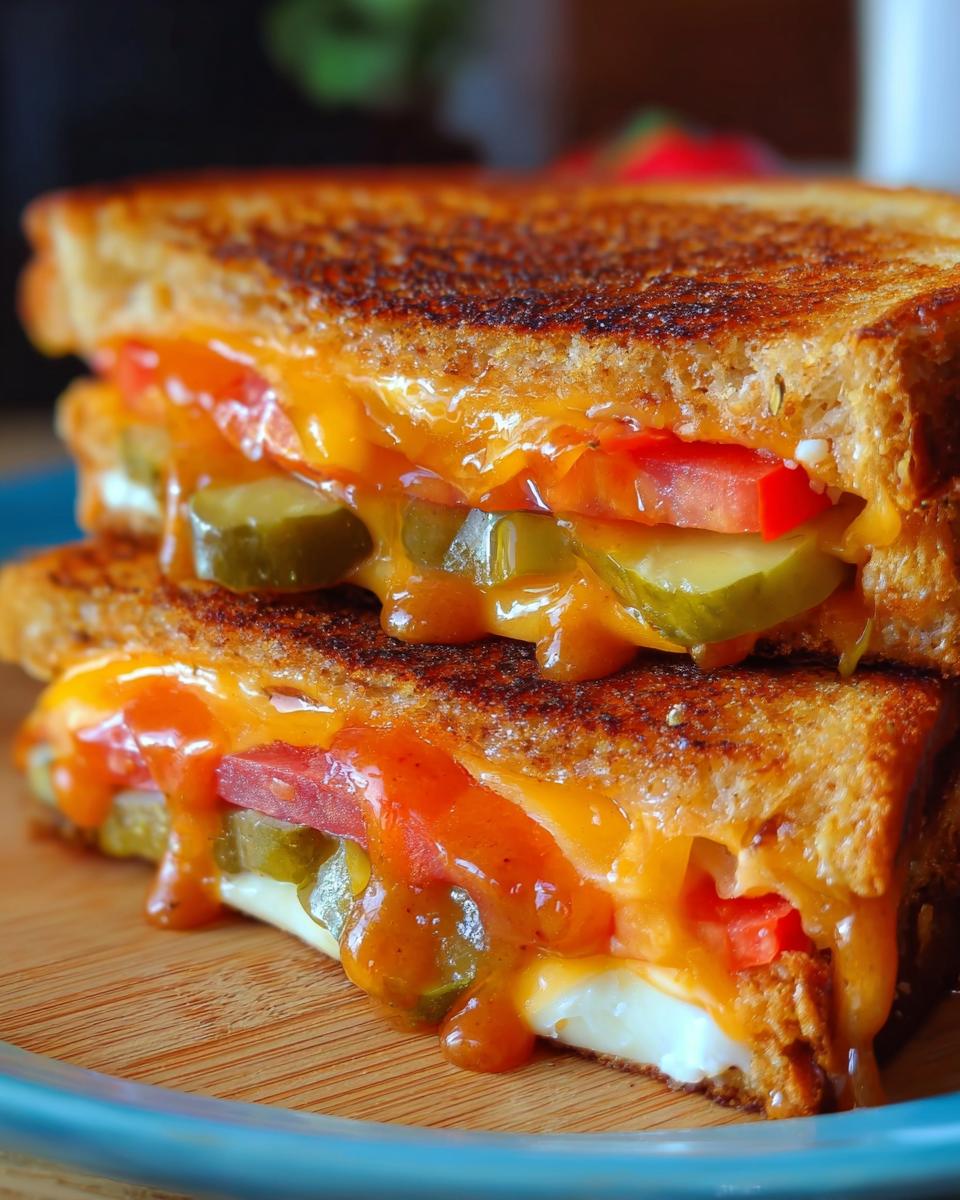 Close-up of a decadent grilled cheese sandwich, oozing with melted cheese, pickles, and tomato slices.