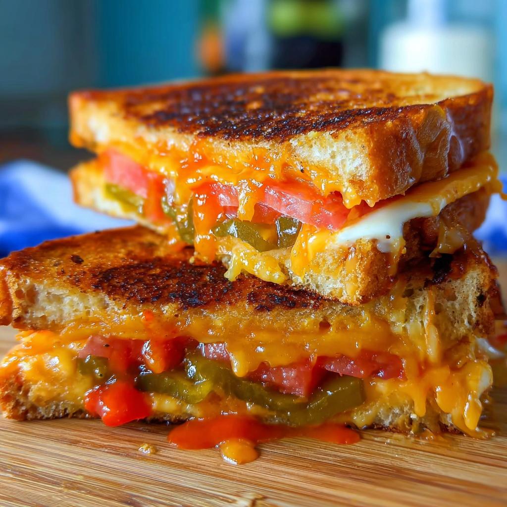 A close-up of a delicious grilled cheese sandwich cut in half, showing melted cheese, tomatoes, and jalapeños. Part of 20-Ingredient Grilled Cheese Recipes (No Fuss).