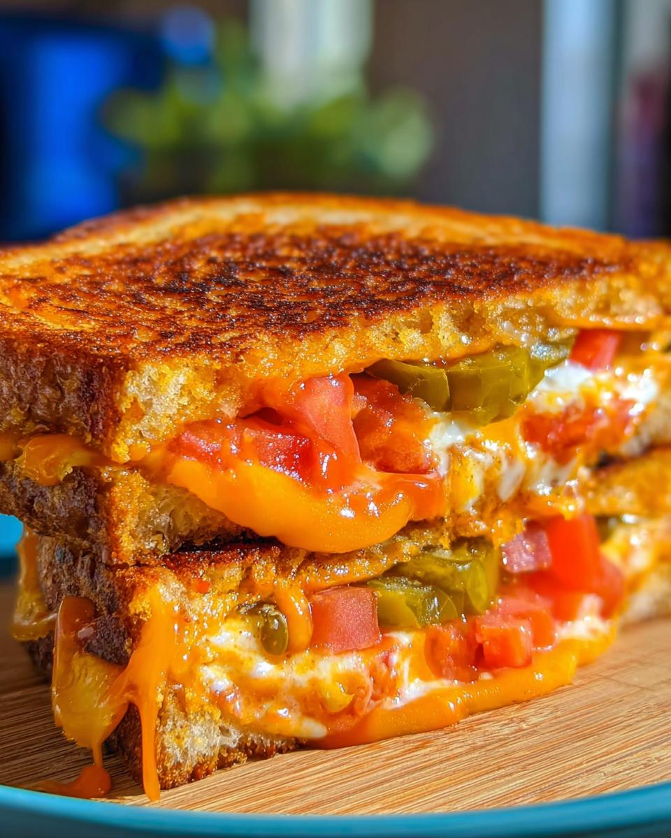 A close-up of a gourmet grilled cheese sandwich stacked with melted cheese, diced tomatoes, and pickles.