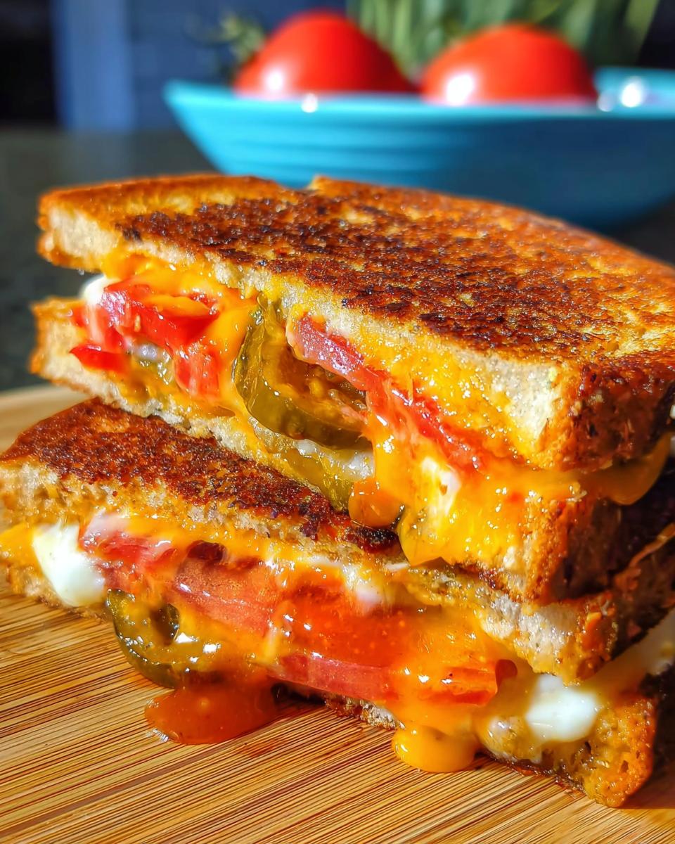 A close-up of a stacked grilled cheese sandwich, oozing with melted cheese, sliced tomatoes, and pickles.