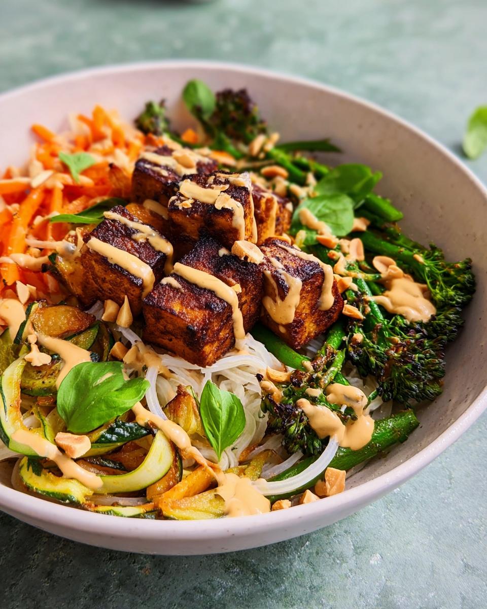 A vibrant 20-Ingredient Rice Bowl Recipe featuring pan-fried tofu, noodles, zucchini, carrots, and broccoli with a drizzle of peanut sauce.