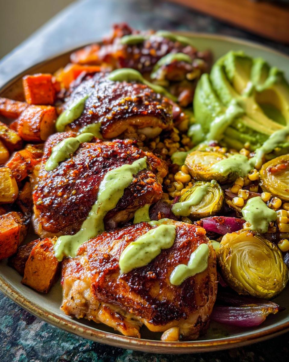 A close-up of a delicious 20-minute chicken recipe featuring roasted chicken thighs, sweet potatoes, Brussels sprouts, corn, and avocado with a drizzle of green sauce.