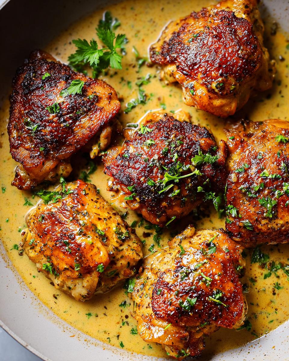 Close-up of pan-seared chicken thighs in a creamy sauce, garnished with parsley. Perfect for quick chicken thigh recipes.