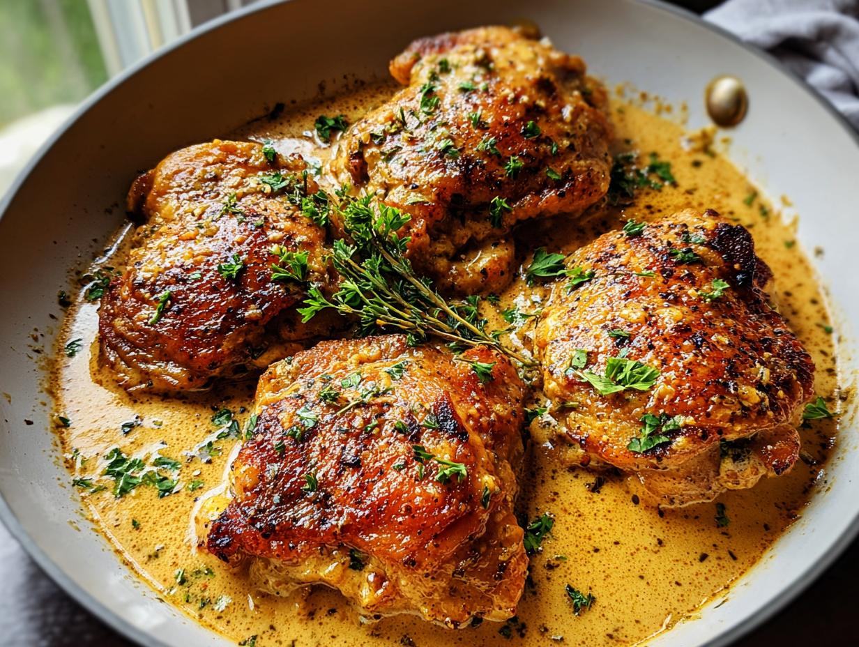 Four golden-brown chicken thighs in a creamy sauce, garnished with fresh parsley and thyme. A quick and delicious chicken thigh recipe.