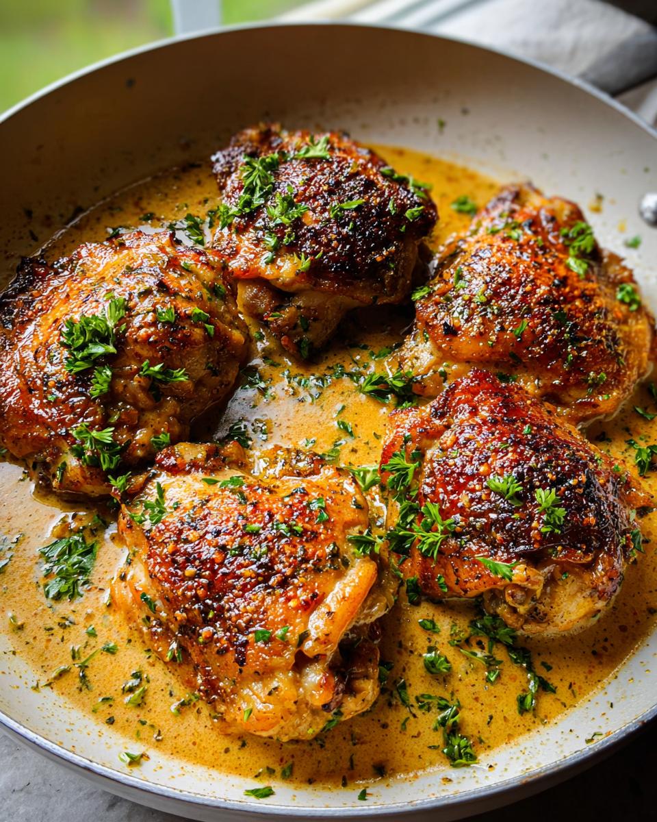 Four golden-brown chicken thighs simmered in a creamy pan sauce, garnished with fresh parsley. A quick and delicious chicken thigh recipe.